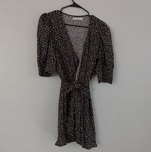 Reformation XL Wrap Dress‎ Black Multicolor Dot Print Puff Sleeve Mini